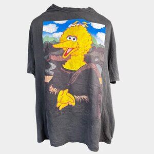 Zara Womens Distressed T-Shirt Sz S Big Bird Mona Lisa Graphic T-Shirt D.Gray